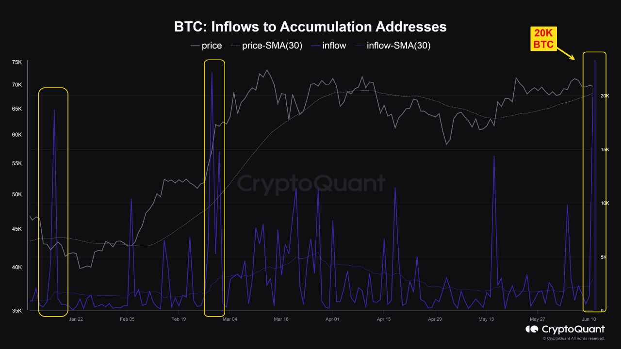 Bitcoin inflows to accumulation addresses.