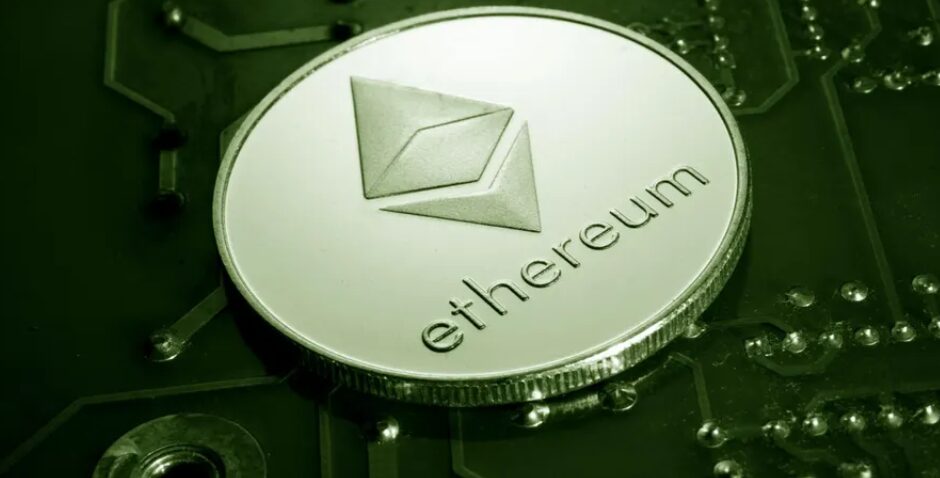 Ethereum coin on circuit board with green tint